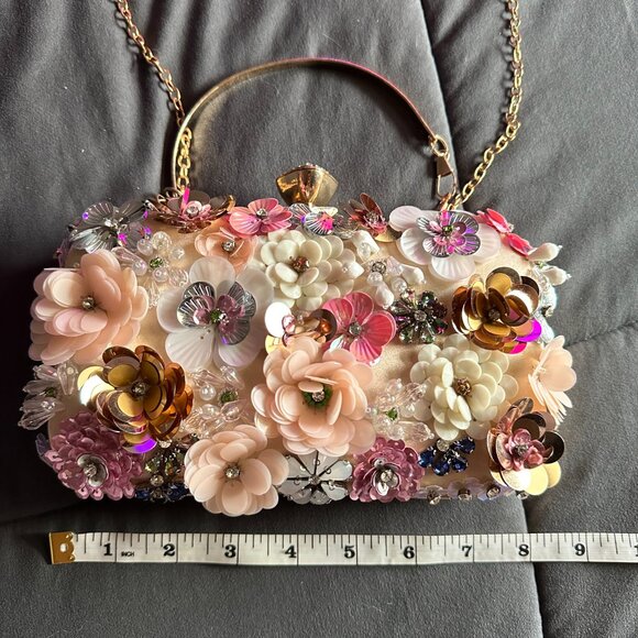 Floral and Rhinestone Clutch in Champagne Pink & Rose Gold - Picture 7 of 10